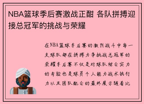 NBA篮球季后赛激战正酣 各队拼搏迎接总冠军的挑战与荣耀