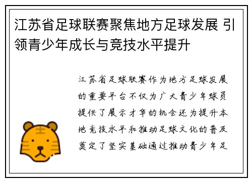 江苏省足球联赛聚焦地方足球发展 引领青少年成长与竞技水平提升