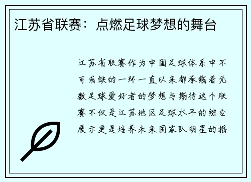 江苏省联赛：点燃足球梦想的舞台