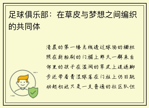 足球俱乐部：在草皮与梦想之间编织的共同体