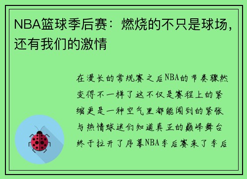 NBA篮球季后赛：燃烧的不只是球场，还有我们的激情